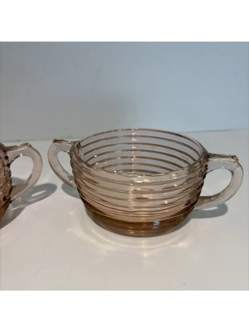 2 VTG Anchor Hocking Manhattan Double Handle Bowls Pink Depression Glass 1930s